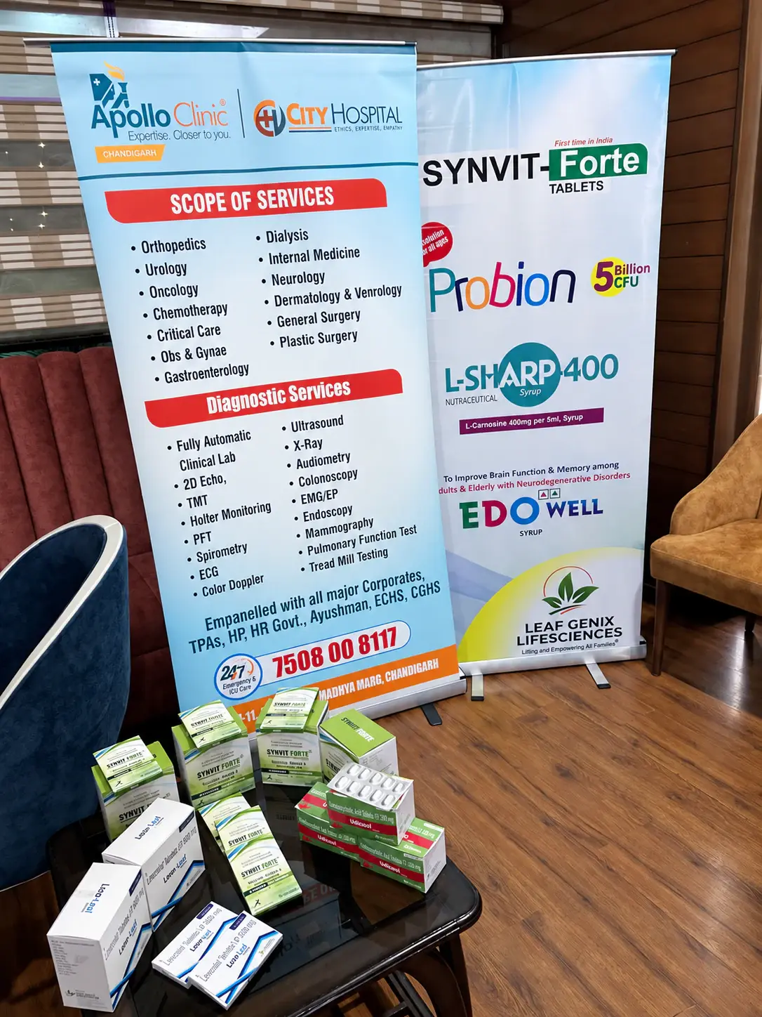 Leaf Genix and Apollo Clinic City Hospital displays with product packs in Chandigarh
