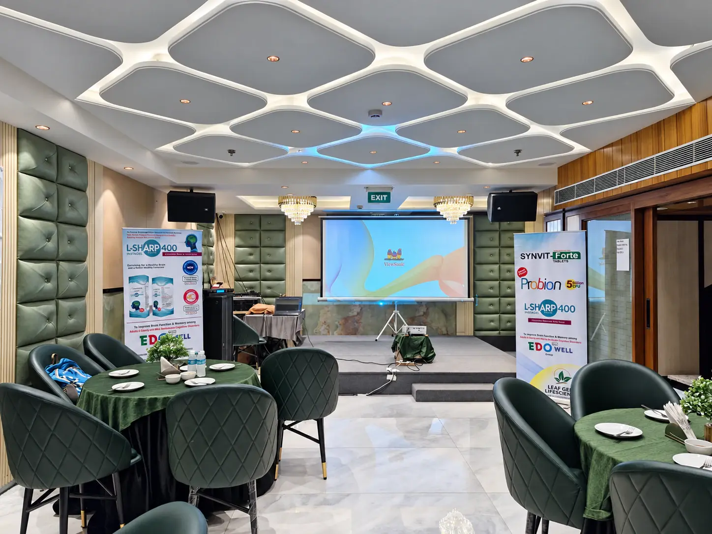 Scientific session venue prepared with Leaf Genix product information displays